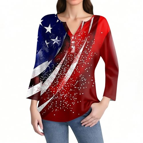 Image of 4th of July Shirts Women 3 /4 Length Sleeve Womens Tops Henley Neck Casual Patriotic T Shirts