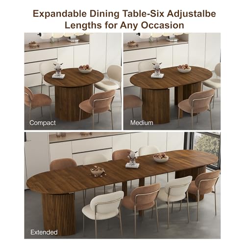Image of 44 in-132 in Extendable Round Dining Table for 4-12, Long Large Expandable Kitchen Table with Fluted Base, Space Saving Modern Farmhouse Oval Dinner Tables for Dining Room, Kitchen, Living Room, Brown