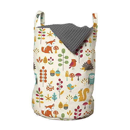 Ambesonne Cartoon Laundry Bag, Autumn Pattern Owl Fox Squirrel Birds Animal Leaves Print, Hamper Basket With Handles Drawstring Closure For Laundromats, 13" X 19", Cream Orange #TOP9