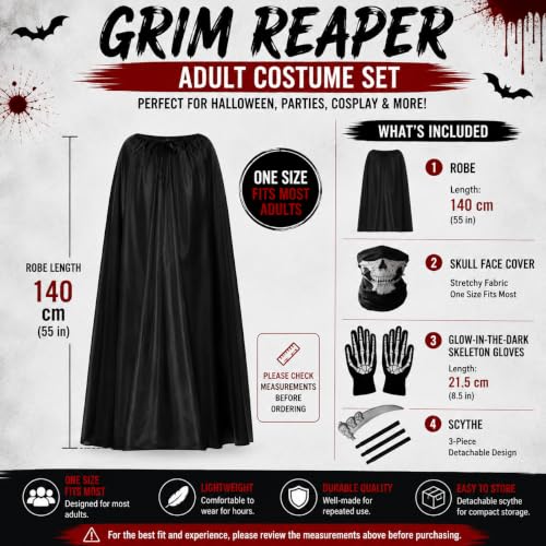 Grim Reaper Costume Adult with Scythe, Skeleton Gloves & Skull Face Cover - image 7