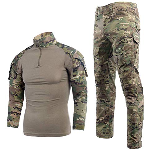LANBAOSI Uomo Tactical Combat Shirt e Pantaloni Set Manica Lunga Multicam Woodland BDU Caccia uniforme militare 1/4 Zip - - XL