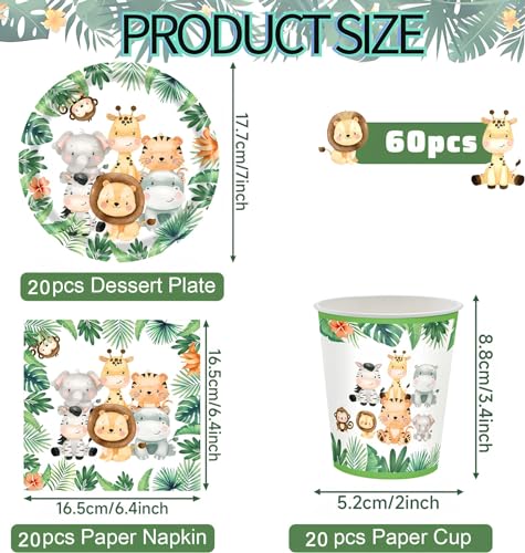 Dschungel Safari Partygeschirr Set,Tier-Geburtstagparty Geschirr für 20 Gäste,Dschungel Geburtstag Dekoration Partygeschirr mit Grun Tiere Papier Teller Tassen Servietten,für Junge Mädchen Baby Shower