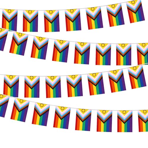 Progress Pride Rainbow Garden Flags Banner - 30 Rectangle Inclusive Progress Yard Small Flag for LGBTQ Lesbian Gay Transgender, Bisexual Pansexual Banner(10M/32.8FT)