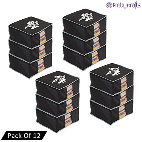 Image of PrettyKrafts Large Saree Cover With Creative Prints, Wardrobe Organiser, Clothes Cover & Storage, Zip Closure and Transparent Window | Clothes Storage Bag | Set of 12, Black | Size: 40 x 35 x 20 cm