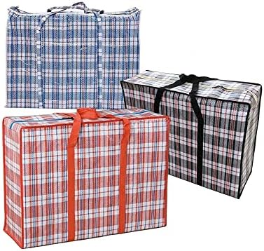 Reusable Laundry Bags Strong & Durable Moving Bags with Zipper & Handles Checkered for Laundry Moving House Storage Shopping, Underbed Storage Solutions (Pack of 5 - 100x70cm)