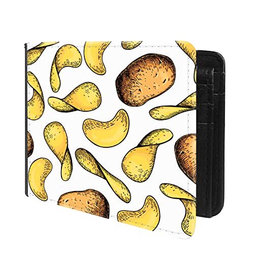 (Potato Chips Vector Pattern Front Pocket Slim Bifold Leather Wallet RFID Blocking with ID Window for Men