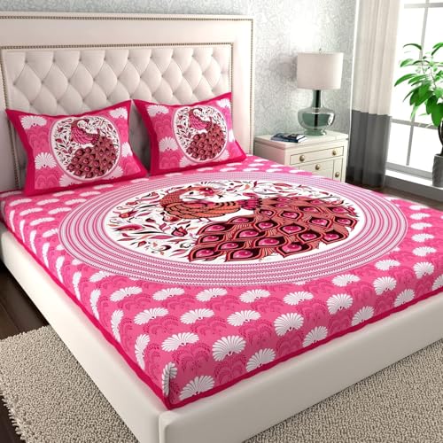 Image of La Verne 104 TC Cotton Double Bed Bedsheet Jaipuri Rajasthani Print Bedsheet with 2 Pillow Covers (Pink)