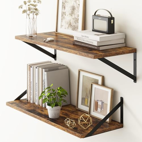 Fun Memories 27.5" W x10 D Floating Shelves, Large Wall Shelves 27.5 Inch Long, Set of 2, Farmhouse Wood Floating Shelf Wall Mounted, Deep Shelves for Bathroom, Living Room, Kitchen, Rustic Brown