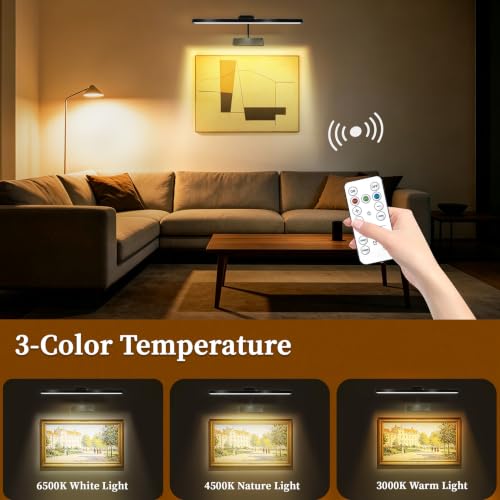 Image of MIOBLUE Picture Light for Wall, 4800mAh Rechargeable Wireless Remote, 15in Dimmable Timer LED Art Display Light with 3 Color Modes for Gallery, Dartboard, Living Room, Bedroom, Hallway-Black