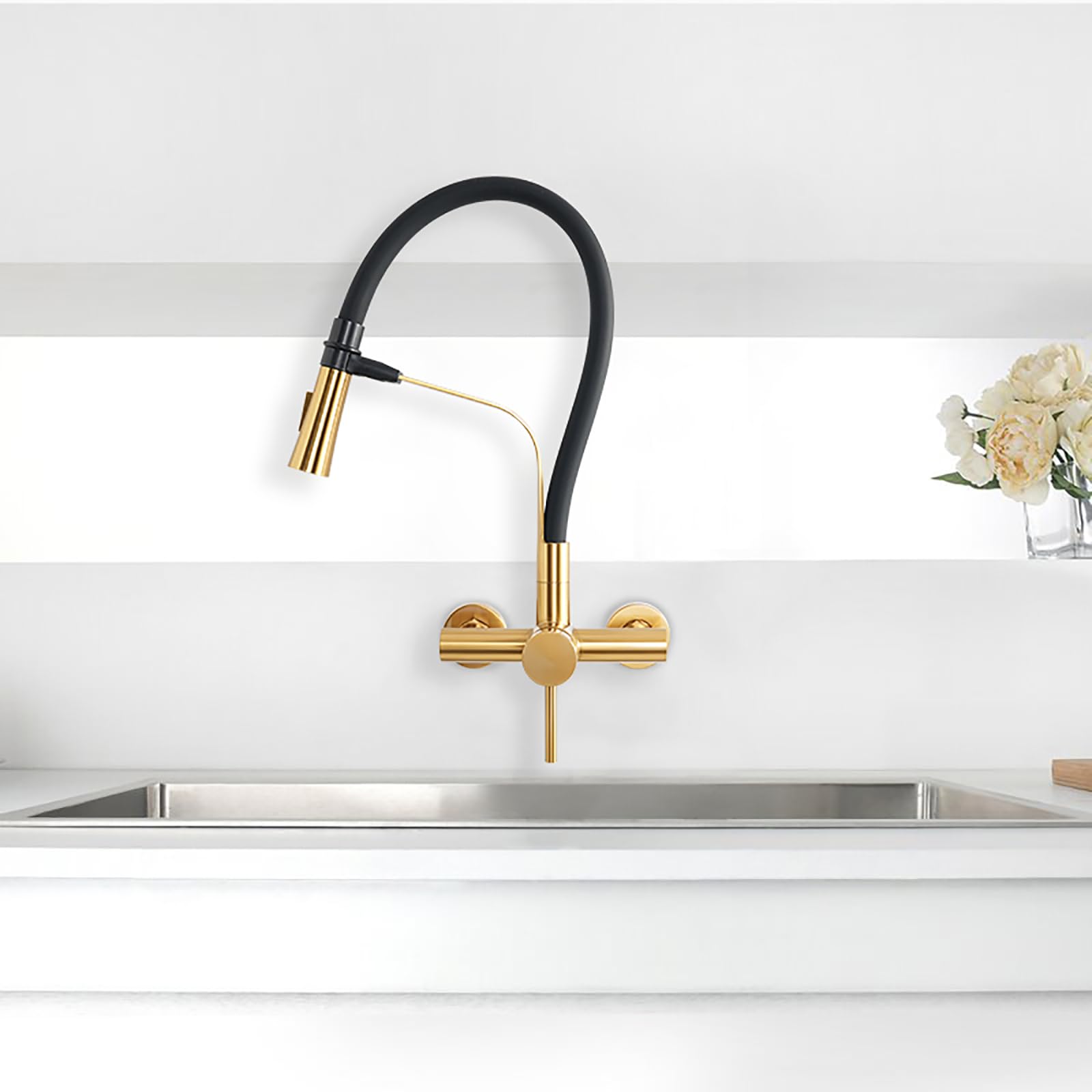 Grifo de montaje en pared con pulverizador lateral, acoplamiento magnético, manguera de silicona flexible, grifos de cocina de acero inoxidable para grifo de utilidad comercial (W-118-TD,