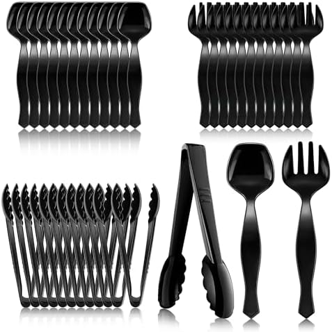 36Pcs Plastic Serving Utensils Set 9'' Large Disposable Serving Spoons Forks Tongs for Serving Food Heavy Duty Black Large Party Utensils Supplies for Buffet Restaurant Dinner Salad Noodles Soup