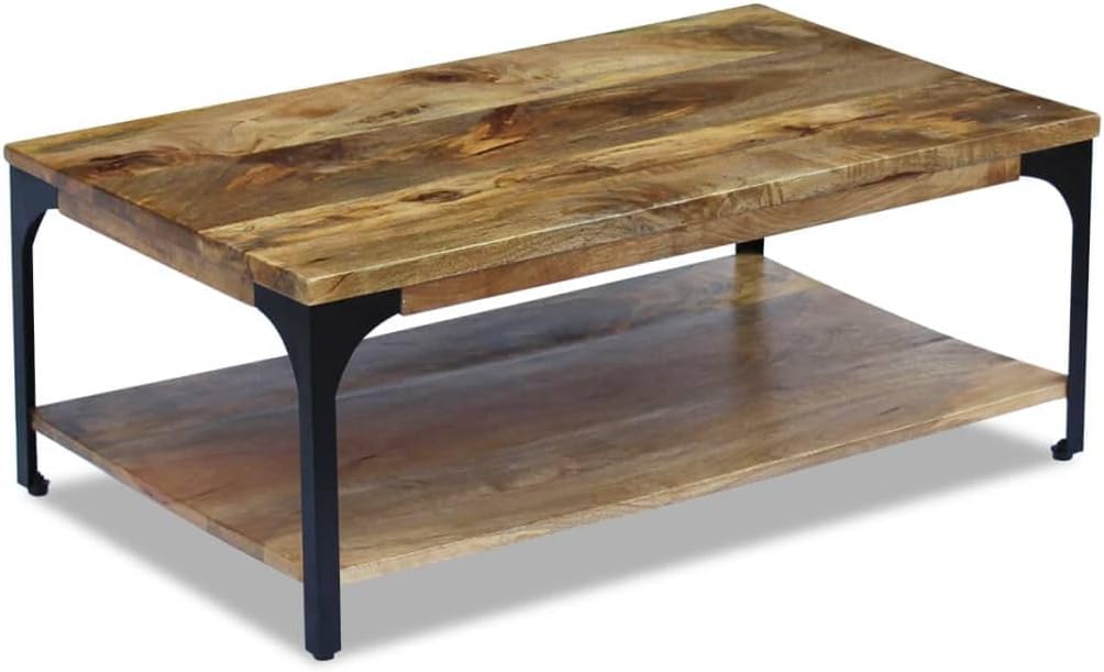 vidaXL Coffee Table, End Table with Storage Shelf, Side Table with Steel Legs, Furniture for Living Room Bedroom, Industrial, Solid Wood Mango