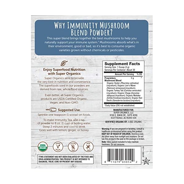 Super-Organics-Immunity-Mushroom-Blend-Turkey-Tail-Lions-Mane-Chaga-More-Organic-Superfood-Powder-Raw-Superfoods-Whole-Food-Supplement--Gluten-Free-Vegan-Non-GMO-4-oz Super Organics Immunity Mushroom Blend | Turkey Tail, Lion’s Mane, Chaga & More | Organic Superfood Powder | Raw Superfoods | Whole Food Supplement – Gluten-Free, Vegan & Non-GMO, 4 oz