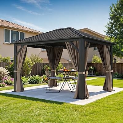DWVO 10x12ft Gazebo Hardtop with Nettings and Curtains, Heavy Duty Galvanized Steel Outdoor Vertical Stripes Roof for Patio, Backyard, Deck, Lawns, Brown