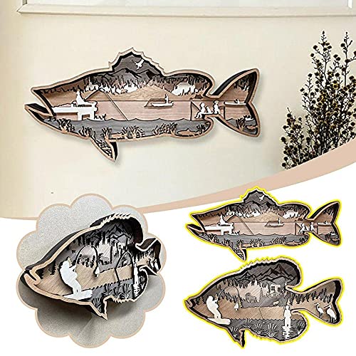 Gaofan Hand Painted Fish Wall Decor, 3D Stacked Hand Carved Fishing Scene, Unique Fish Wall Sculpture, Hanging Wooden Home Decorations, For Indoor Outdoor,Largemouth Bass #TOP2