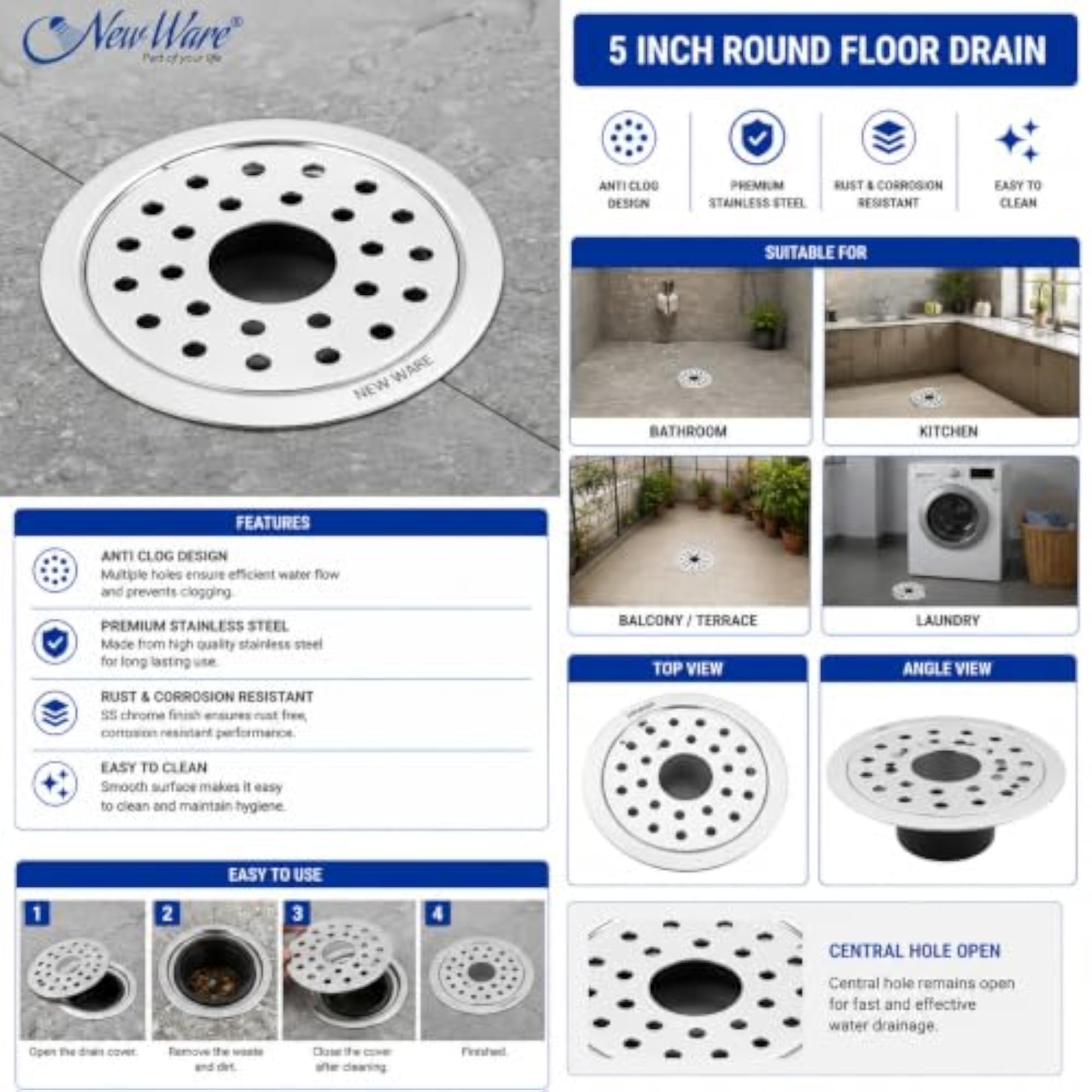 5 Inch Round Stainless Steel Floor Drain