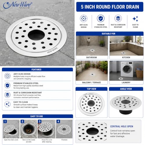 Image of NEW WARE 5 Inch Round Stainless Steel Floor Drain with Central Hole & Lock | Heavy Duty Anti Clog Chrome Finish SS Drain Jali for Bathroom, Kitchen, Balcony, Utility, Terrace & Outdoor Drain Cover