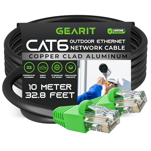GEARit - GearIT Câble Ethernet extérieur Cat6 (10 mètres) CCA plaqué cuivre, étanche, enfouissement direct, dans la terre, gaine UV, PoE, réseau, Internet, câble Cat 6, Cat6 – 10 m