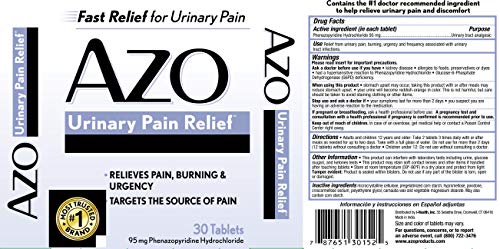 Azo Urinary Pain Relief, Dietary Supplement, Contains 95 Mg Phenazopyridine Hydrochloride The #1 Ingredient Prescribed By Doctors Pharmacists Specifically For Urinary Discomfort†, 30 Count #TOP2