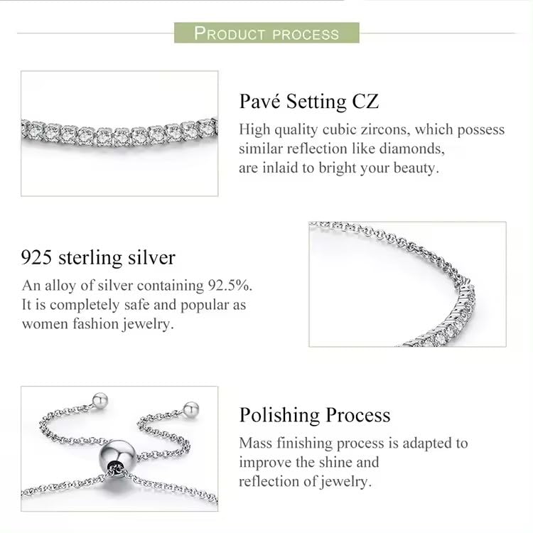 925 Sterling Silver Tennis Bracelet with Cubic Zirconia Stones, Adjustable-Size Bracelets for Women (With Elegant Box)4