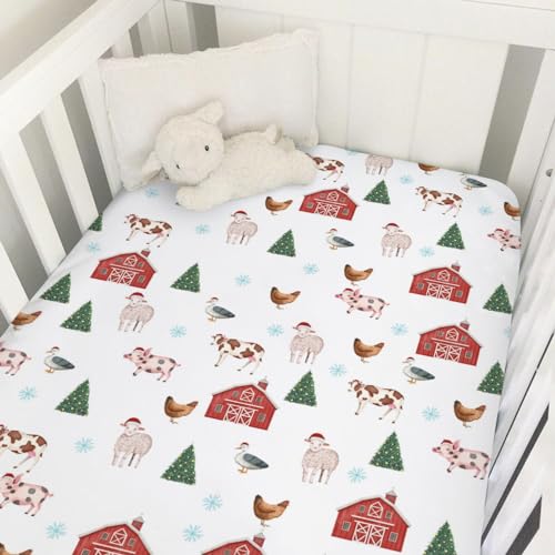 Image of Christmas Farm Animals Baby Crib Sheet 52''x28'' Farmhouse Barn Chicken Pig Duck Tractor Fitted Crib Mattress Sheet Covers for Boy Girl Baby Nursery Bed Sheets for Standard Crib Mattress