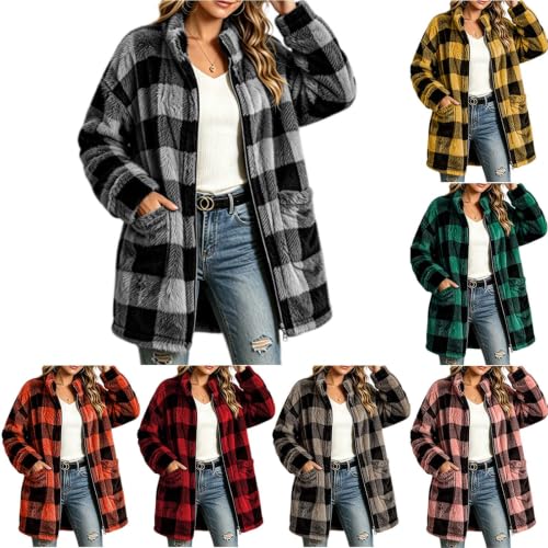 fartey Womens Plaid Jacket Fleece Lined Coat Zip Up Sherpa Tops with Pocket - image 1