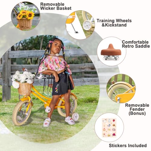 Image of Glerc Little Molly 12-20 Inch Kids Retro Cruiser Bike for 2-13 Year Old with Wicker Basket & Training Wheels /Kickstand, Multiple Colors