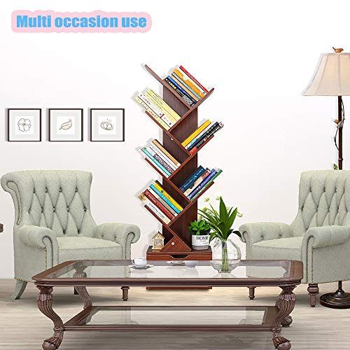 Genenic Tree Bookshelf with Drawers,8-Tier Floor Standing Bookcase,with Wooden Storage Rack Display Shelves Cabinet in Living Room/Home/Office for Books/CDs/Movies/Files (Teak Pattern, 8 Tier) - Thumbnail 5