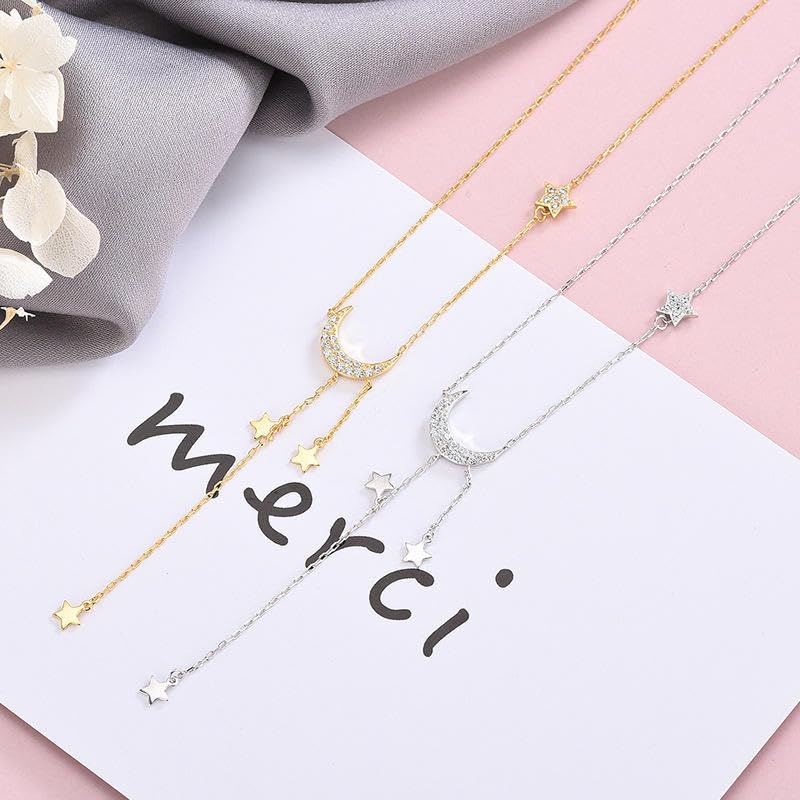 Miniatura 3 de fashion jewelry 925 sterling silver necklace moon star diamond long tassel chain gold plated necklaces women (silver)