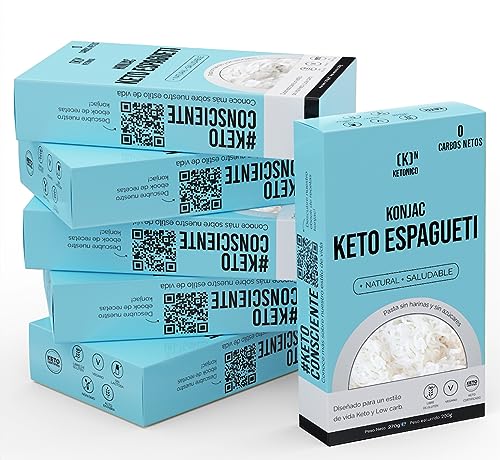 KETONICO Konjac Keto Sin Gluten, Sin Lactosa, Sin Soja, Sin OMG, Certificado Keto 1.2g Carbohidratos por Plato, Pack 6x Konjac Espaguetti
