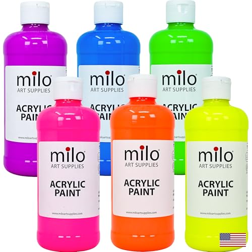 Image of milo Fluorescent Acrylic Paint Set, 6 Neon UV Colors, 16 oz Bottles | Glows in Black Light, AP Certified Non-Toxic, Made in USA, Arts & Crafts Paints for Artists, Student, Hobby Painters, Mixable