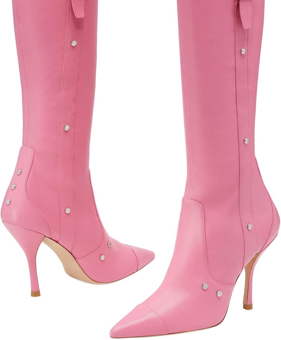 Women’s Rivets Over Knee High Boots Kitten High Heel Buckle Long Booties Pointed Toe Pull On Shoes Prom Party Dating Size 4-16 US
