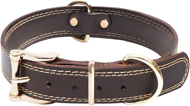 Premium Heavy Duty Genuine Leather Dog Collar Soft Adjustable for Male Female Dogs Best for Small Medium Large Breed Dogs Brown (S)