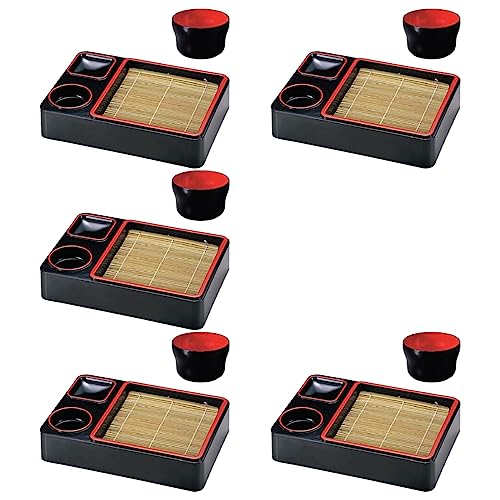 J-kitchens そば 器 ざるそば 5個セット 萬葉重(底板付)黒天朱 そば猪口付き 割れにくい 樹脂製 30.1×21×6.5cm 日本製