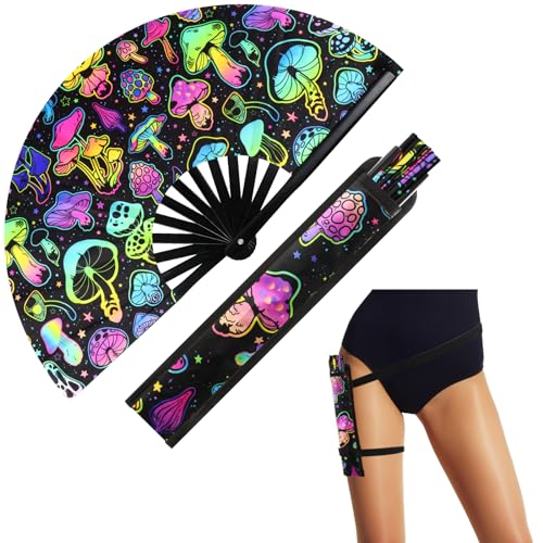 Image of FairySandy Large Rave Fan UV Glow Clack Summer Hand Fan with Thigh Holster for Women Carnival Party Supplies for Carnival Edm Music Festival Club Accessories(Reflective Mushroom,Bright Color)