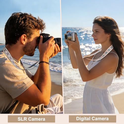 Image of Universal Camera Strap - Camera Neck Strap, Adjustable Shoulder Straps Compatible with Canon, Fujifilm, Nikon, Olympus, Panasonic and other SLR and mirrorless cameras - Blue and Orange Geo