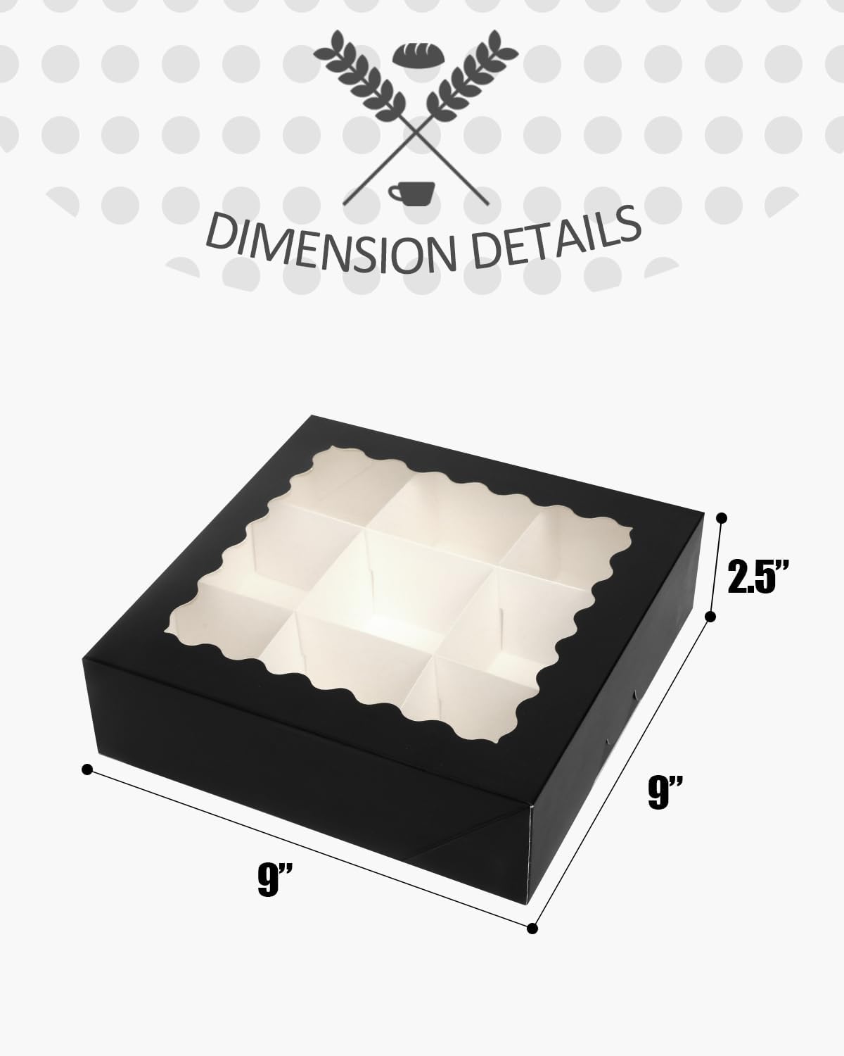 qiqee Cajas de pastelería con ventana de 9 x 9 x 2.5 pulgadas, 30 unidades, color negro