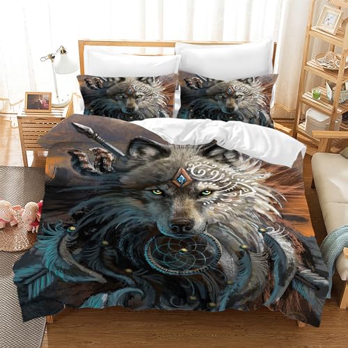 Leleyouzer Housse de Couette Loup 135×200cm,Parure de Lit Enfant,Housse de Couette Imprimée Loup avec Fermeture éclair + 2 Taies d'oreiller 50x75cm(Loup 1)