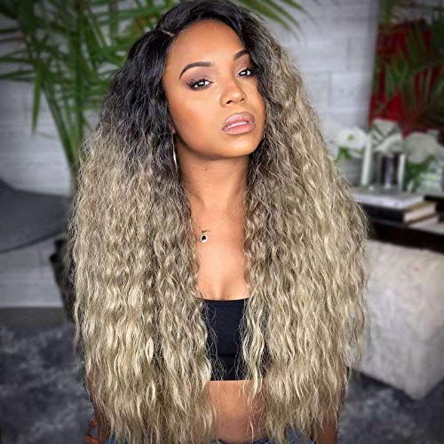 Ombre Ash Blonde Lace Front Wig with L Part Long Curly Synthetic Lace Wig for Women Dirty Blonde Wigs with Dark Roots