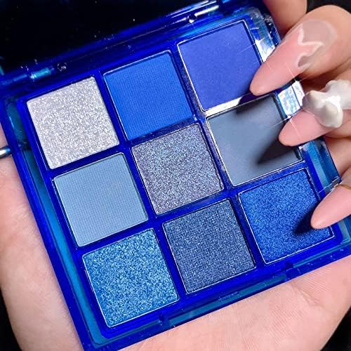 Yeweian Blue Eyeshadow Palette, 9 Colors Glitter Matte Eyeshadow Makeup Palette,Silver Grey Smokey Eyeshadow Palette Highly Pigmented Waterproof Eyeshadow Pallete for Girls and Women