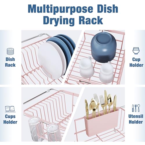 Image of JASIWAY Pink Dish Drying Rack in Sink with Drainboard and Utensil Holder