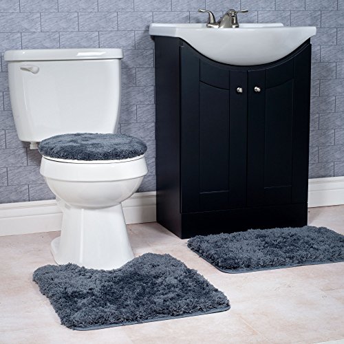 Lavish Home 3 Piece Super Plush Non-Slip Bath Mat Rug Set - Platinum