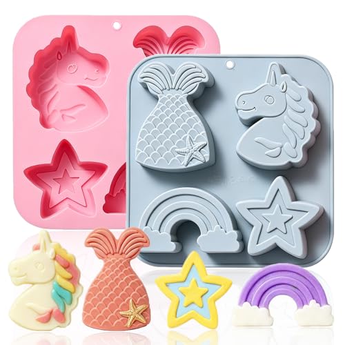 OURASHERO 2 Pack Silicone Soap Molds 4 Cavities Unicorn Star Rainbow Mermaid Tail Shaped Making Mold Perfect for Handmade Soaps Lotion Bar Bath Bombs Ice Cube Chocolate Jelly Cake Making