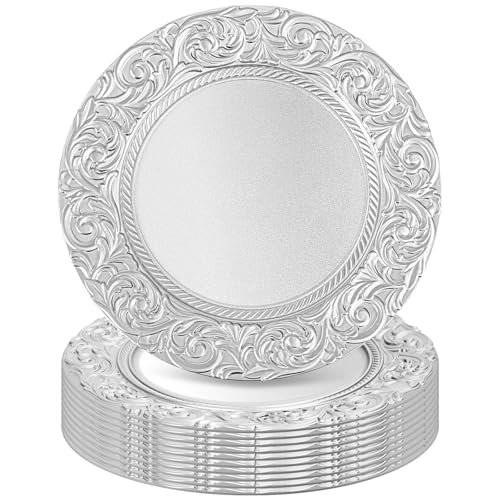 Tomeurperf Silver Charger Plates Bulk 10Pcs - 13" Silver Chargers for Dinner Plates, Round Floral Embossed Decorative Charger Plate for Wedding & Event Kitchen Party Decoration