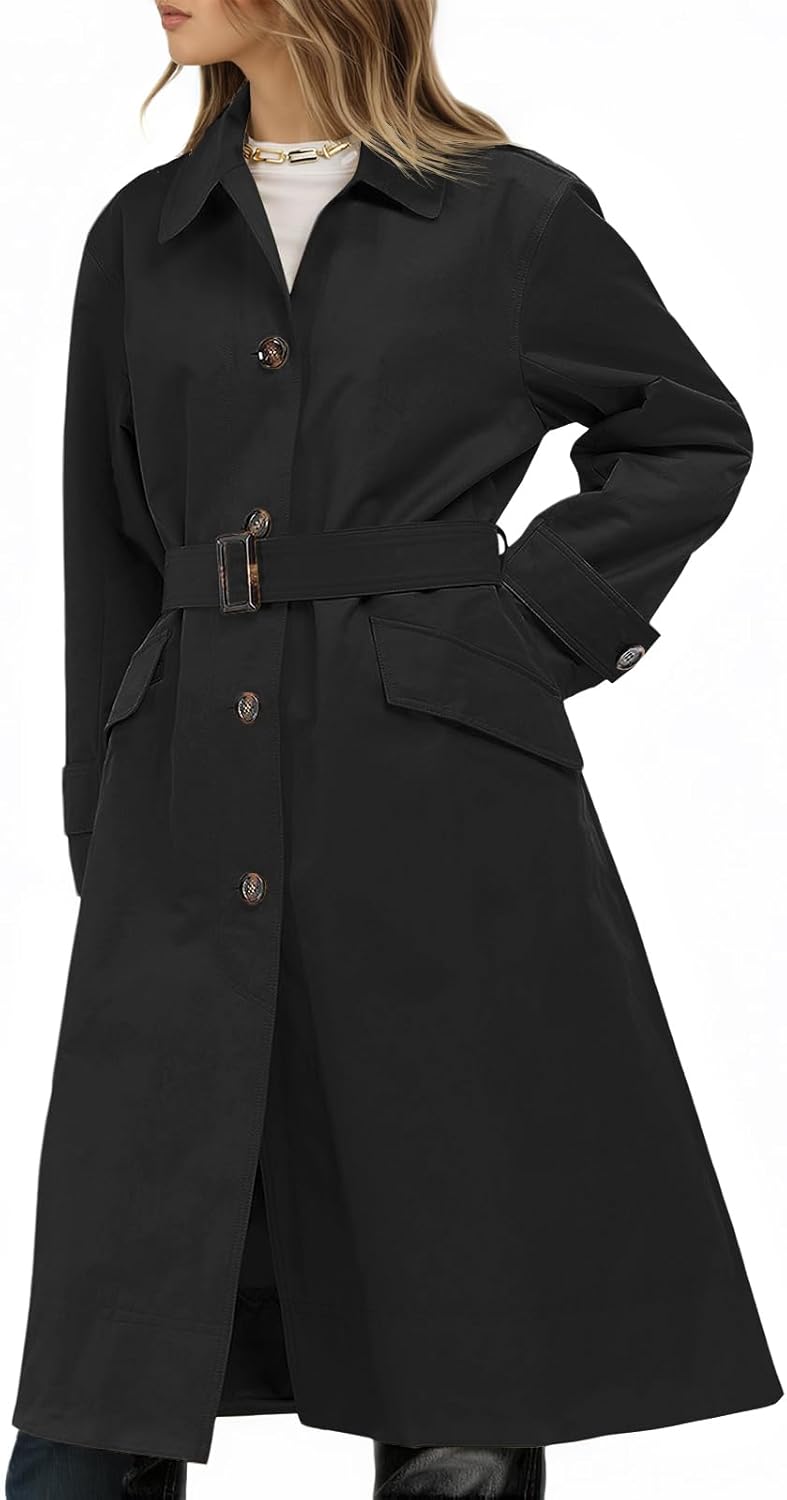 Tankaneo Womens Trench Coats Single Breasted Long Windproof Overcoat with Pockets and Belt - Image 2