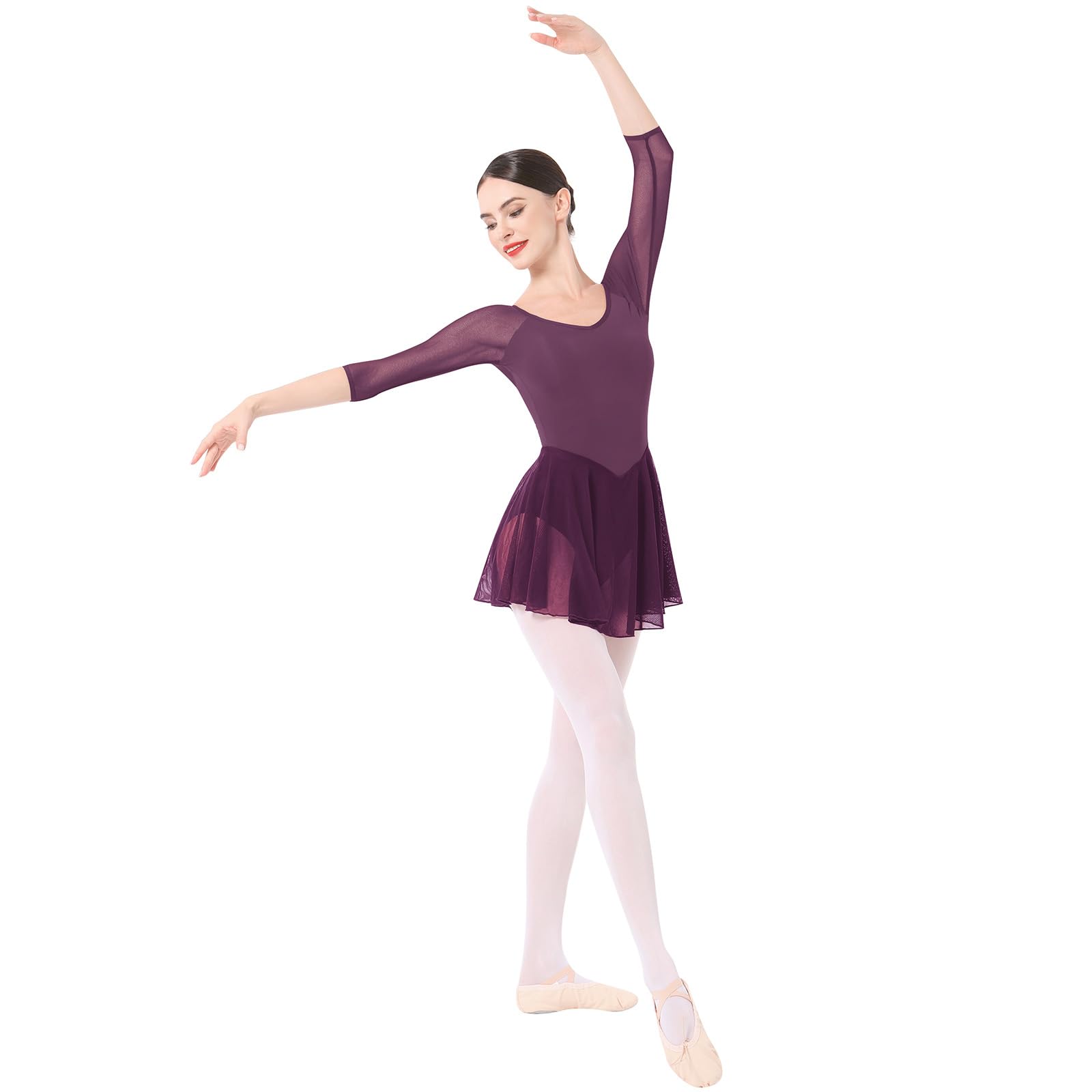 IBAKOM Justaucorps de ballet pour femme - Manches 3/4 en maille - Col en V - Dos dégagé - Justaucorps de gymnastique grande taille
