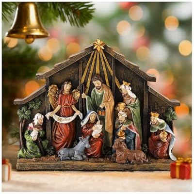 Magicsculp 11 Piece Christmas Nativity Set - 10.8" W Connected Holy Family Sculpture with Manger, Nativity Religious Tabletop Decorations, Hand Painted Resin Catholic Decor for Home Tabletop & Shelf