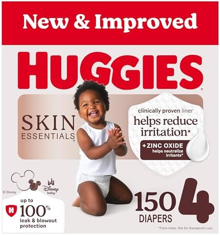 Huggies Size 4 Diapers, Skin Essentials Baby Diapers, Size 4 (22-37 lbs), 150 Count (6 Packs of 25), Packaging May Vary