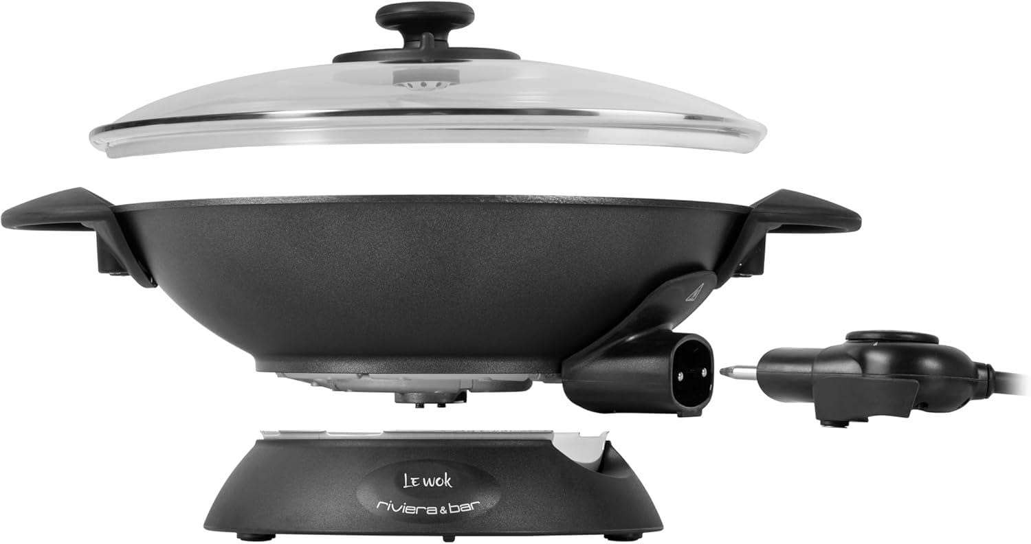 riviera&bar Wok Électrique Expert 5L - 2200W, Cuve en Fonte d'Aluminium, Couvercle en Verre, Thermostat Réglable 10 Positions - Idéal pour 8 Personnes - Accessoires Inclus - Nettoyage Facile