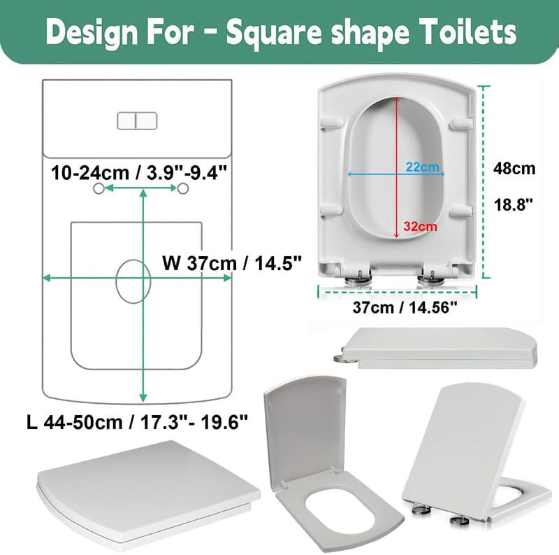 Soft Close Square Toilet Seat, White, 37 * 47cm, Quick Release, Adjustable Hinges, PP Material, Easy Cleaning
